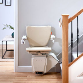 A front view of a used stair lift