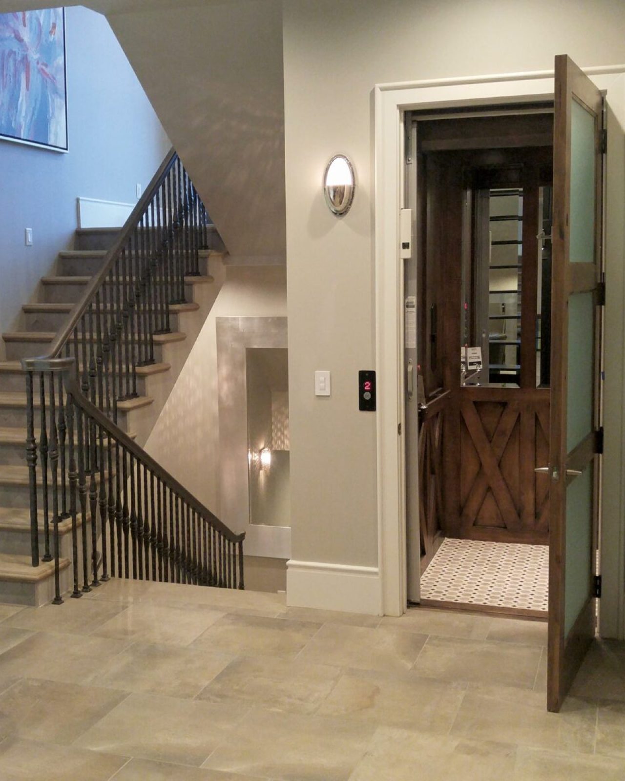 Home elevator with brown wood interior